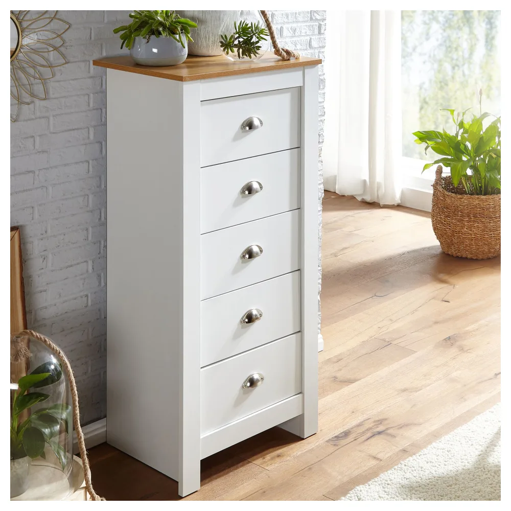 FineBuy Sideboard mit 5 Schubladen 53x114x39 cm Kommode Weiß / Eiche Modern, Design Anrichte Hoch Schmal, Schubladenkommode Wohnzimmer