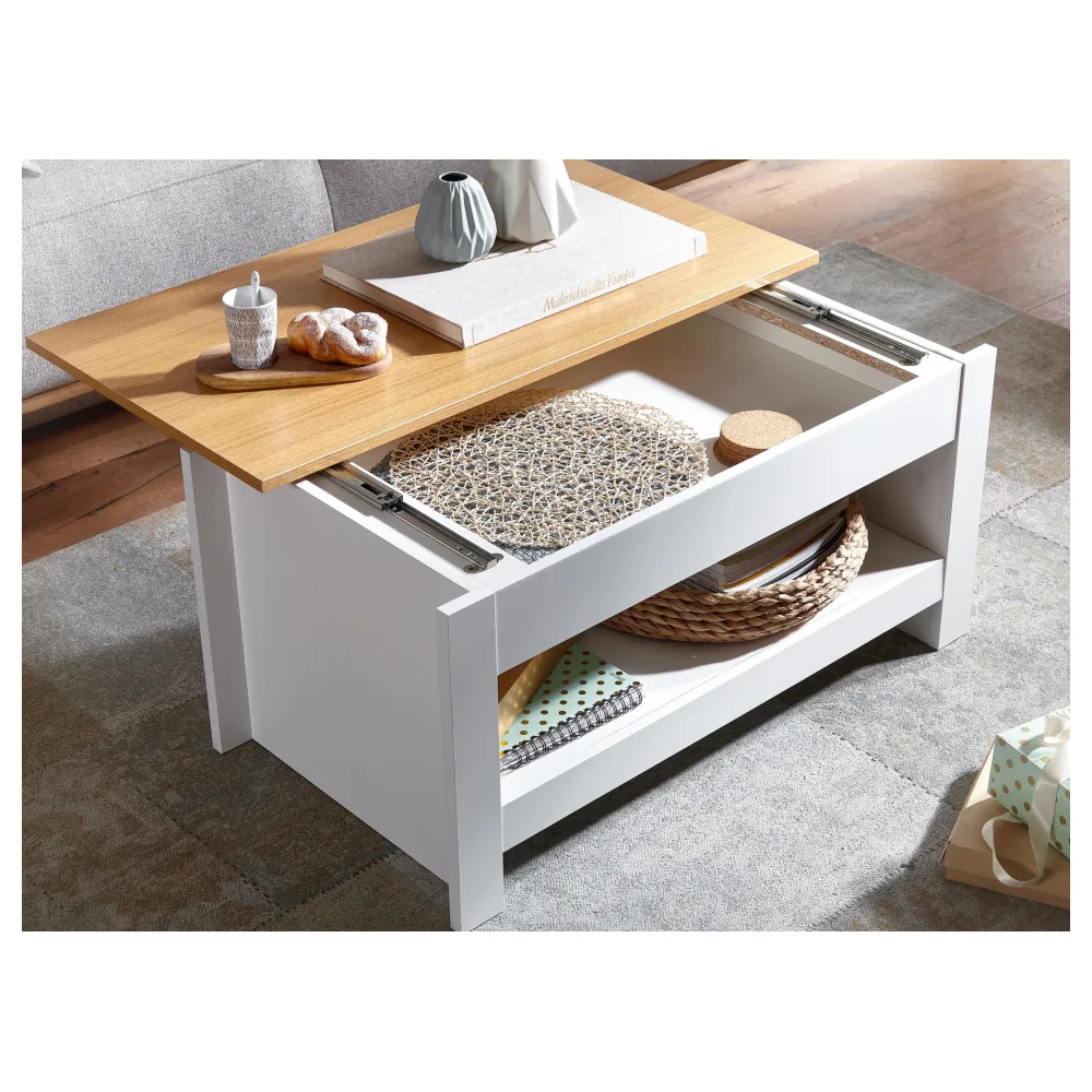 FineBuy Couchtisch Weiß / Eiche 85x47x45 cm Wohnzimmertisch mit Stauraum, Design Sofatisch mit Ablagefach Modern, Kaffeetisch Loungetisch Eckig