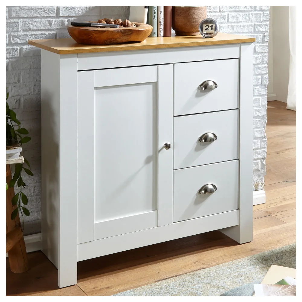 FineBuy Sideboard mit 3 Schubladen 79x81x35 cm Kommode Weiß / Eiche Modern, Design Anrichte Hoch mit Tür, Schubladenkommode Wohnzimmer