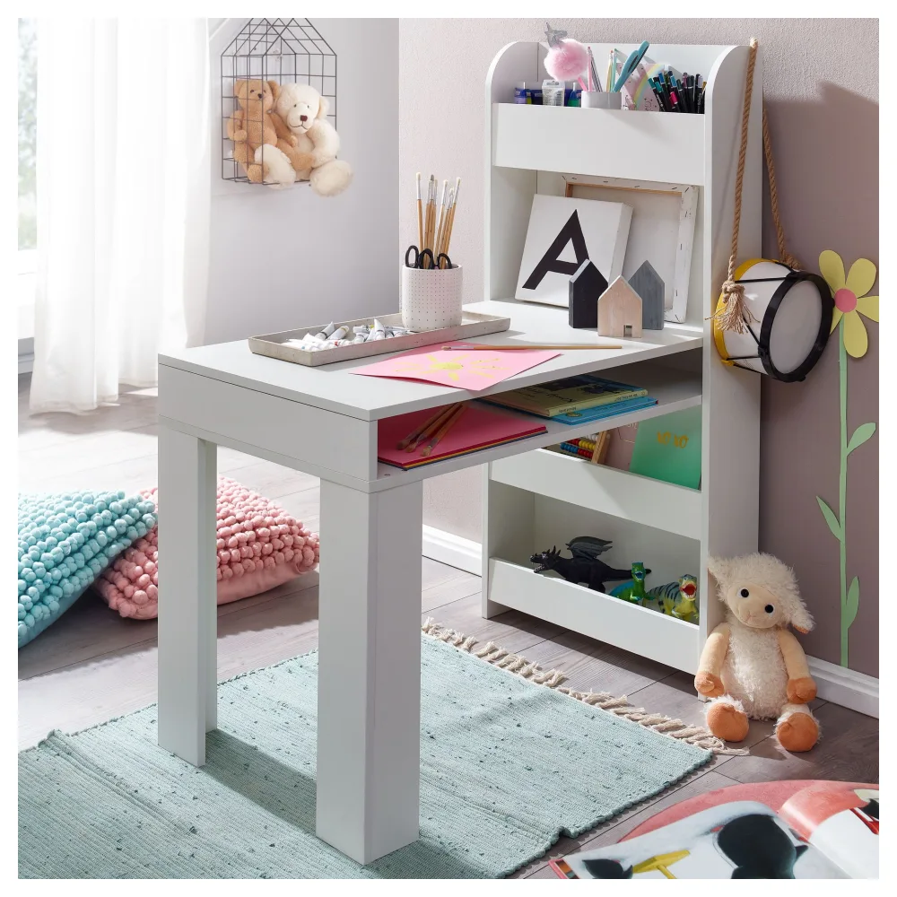 FineBuy Kinderschreibtisch Weiß 90x50x110 cm Maltisch Kinderzimmer mit Regal, Kindertisch Modern, Schülerschreibtisch mit Stauraum, Schultisch Schmal