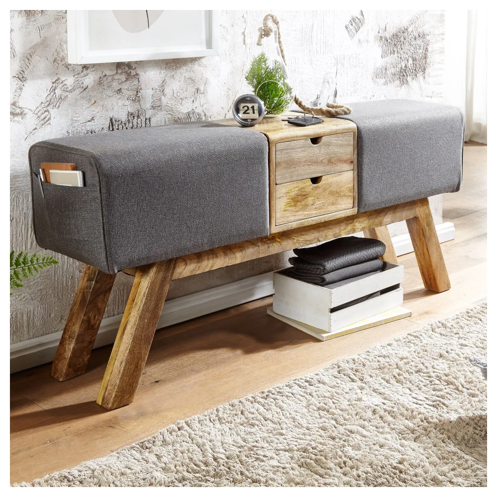 FineBuy Design Turnbock Sitzbank Grau mit Schubladen 120x56x30 cm, Turnhocker Bank aus Stoff mit Stauraum, Hocker Garderobenbank Sitzhocker Springbock Turnbank