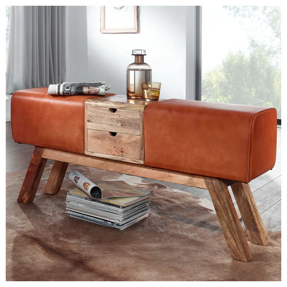 FineBuy Design Turnbock Sitzbank Braun mit Schubladen 120x56x30 cm, Turnhocker Bank aus Echtleder mit Stauraum, Hocker Garderobenbank Sitzhocker Springbock Turnbank