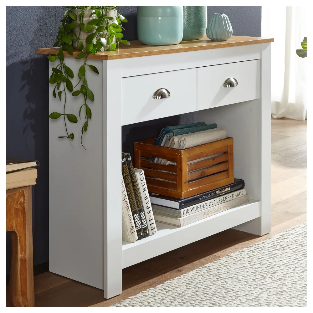 FineBuy Konsolentisch 85x35x76 cm Weiß / Eiche Design Anrichte Modern Schmal, Ablagetisch Flur mit Schubladen & Stauraum, Flurtisch Hoch