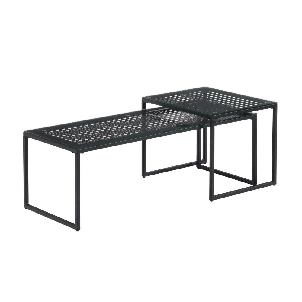 FineBuy Satztisch Glas Metall 2er Set Modern Couchtisch, Design Sofatisch Platzsparend, Wohnzimmertisch Kaffeetisch Rechteckig & Quadratisch