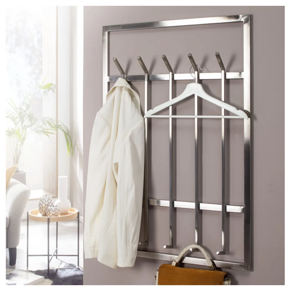 FineBuy Wandgarderobe Metall Silber 60 x 100 cm - Design Garderobenpaneel - Wand Garderobenleiste mit Hakenleiste - 10 Kleiderhaken