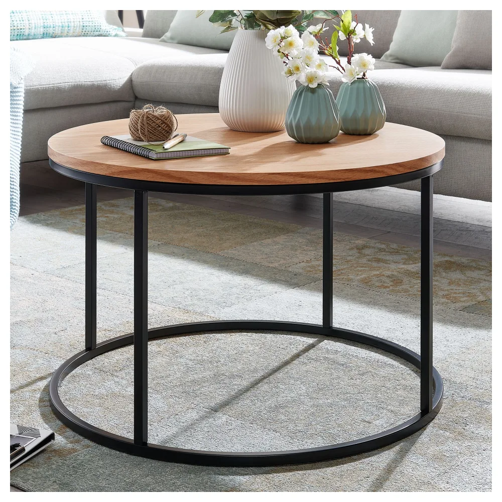 FineBuy Couchtisch rund 70 cm aus MDF Holz & Metall Skandinavisches Eiche Design – moderner Wohnzimmertisch mit stabilem Metallgestell, eleganter Beistelltisch für Wohnzimmer