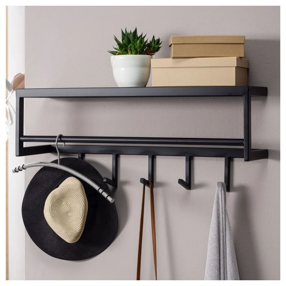FineBuy Wandgarderobe Metall Schwarz 70 cm mit Ablage - Design Garderobenpaneel mit Hutablage - Wand Garderobenleiste mit Hakenleiste - 5 Kleiderhaken