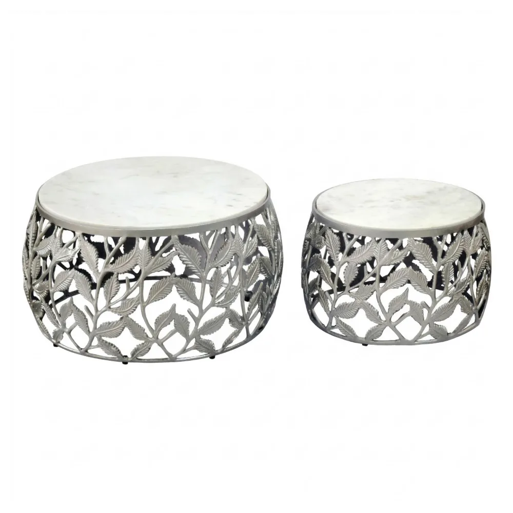FineBuy 2er Set Couchtisch mit weißer Marmor Tischplatte - Wohnzimmer Tisch Satztisch rund - Beistelltisch Alu modern - Sofatisch Set Aluminium Metallgestell Design Handmade