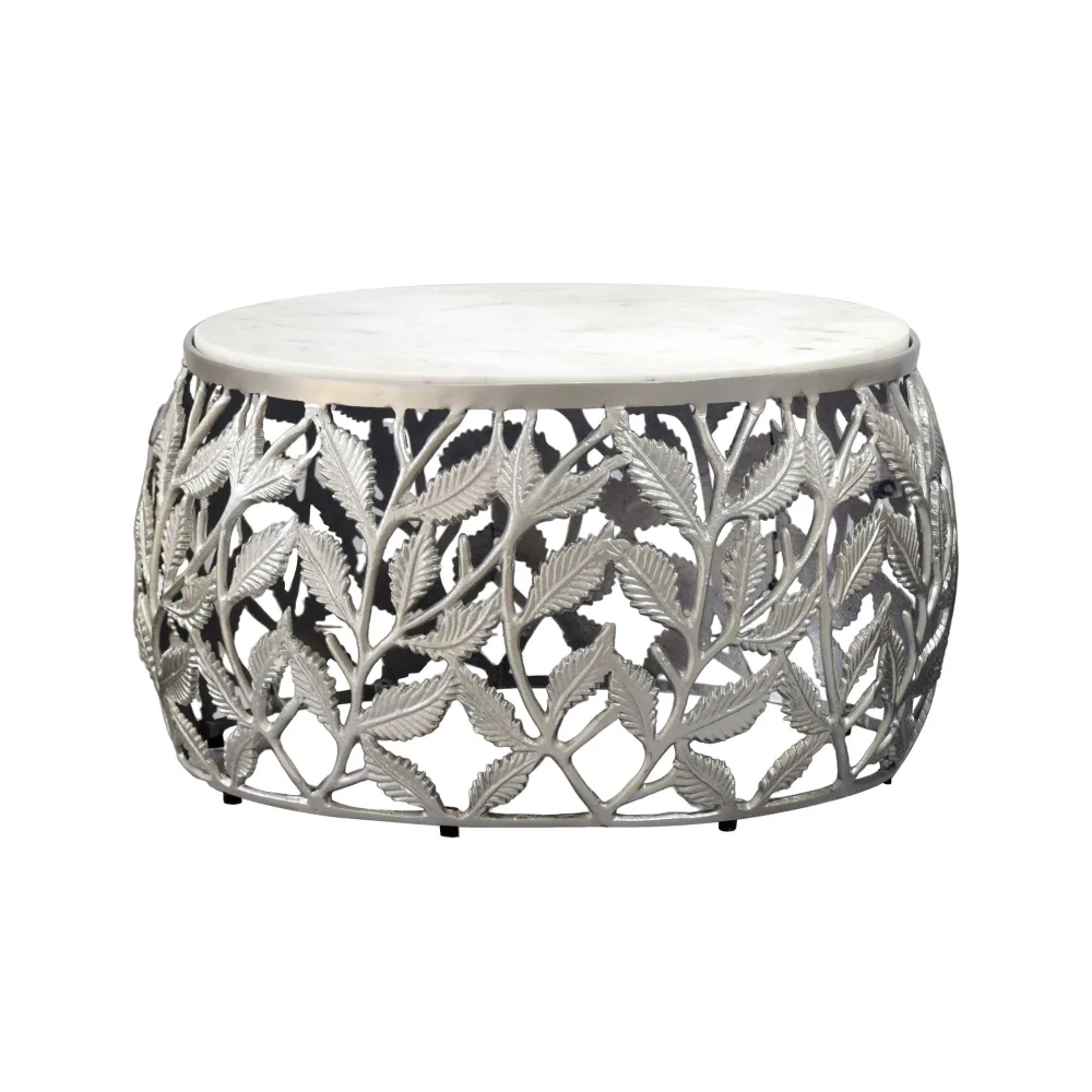 FineBuy Couchtisch 60cm mit weißer Marmor Tischplatte - Wohnzimmertisch rund - Sofatisch modern - Beistelltisch Aluminium - Design Beistelltisch Wohnzimmer Metallgestell Handmade
