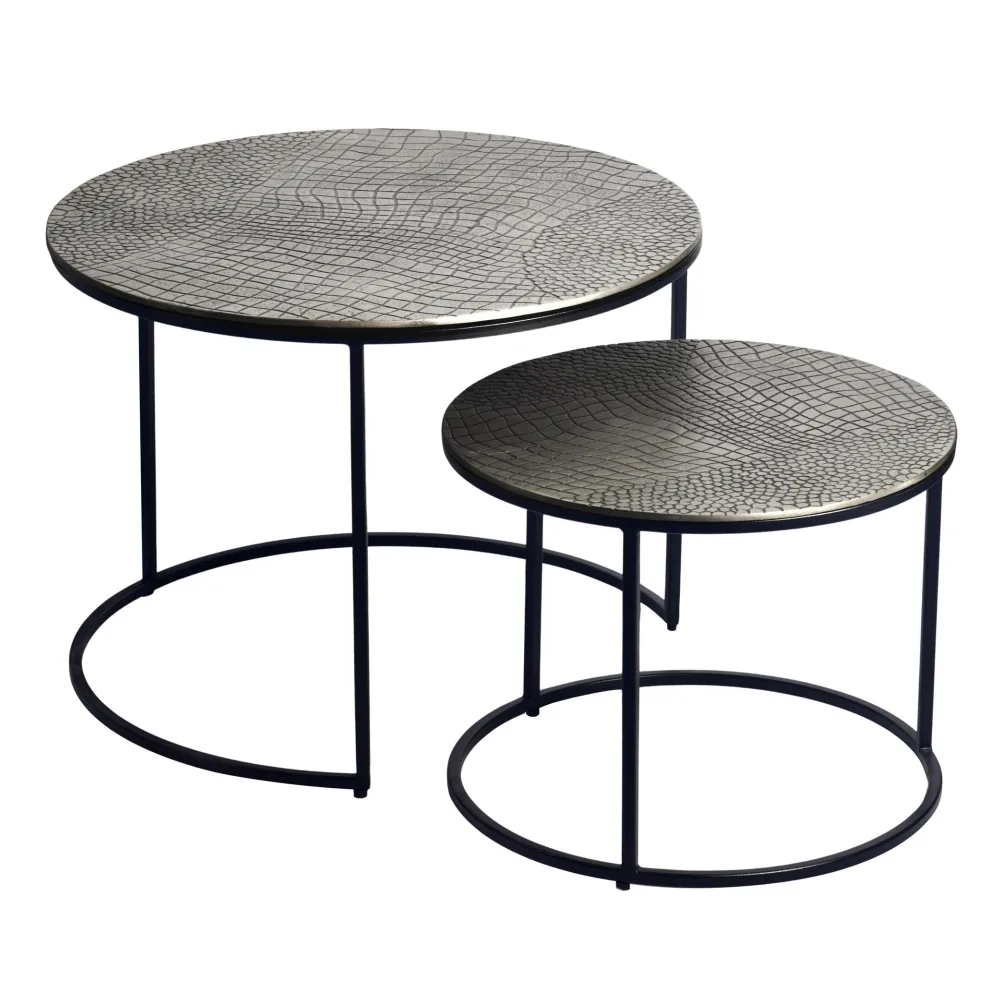 FineBuy Satztisch Metall 2er Set rund - Couchtisch Aluminium Tischplatten mit Muster - Beistelltisch Sofatisch Alu modern - Wohnzimmertisch Eisen Gestell Handmade