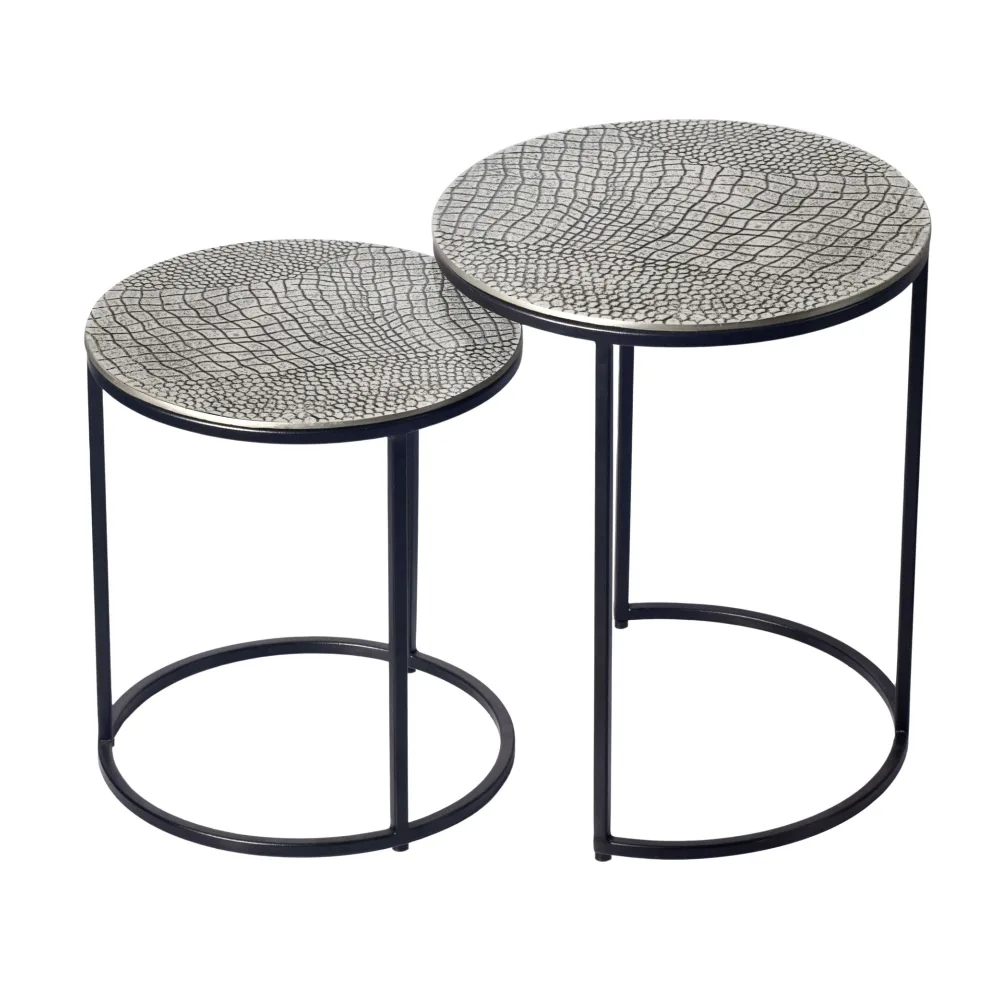 FineBuy Satztisch Metall 2er Set rund - Beistelltisch Aluminium Tischplatten mit Muster - Design Couchtisch Anstelltisch modern Eisen Gestell - Dekotisch Wohnzimmertisch Handmade