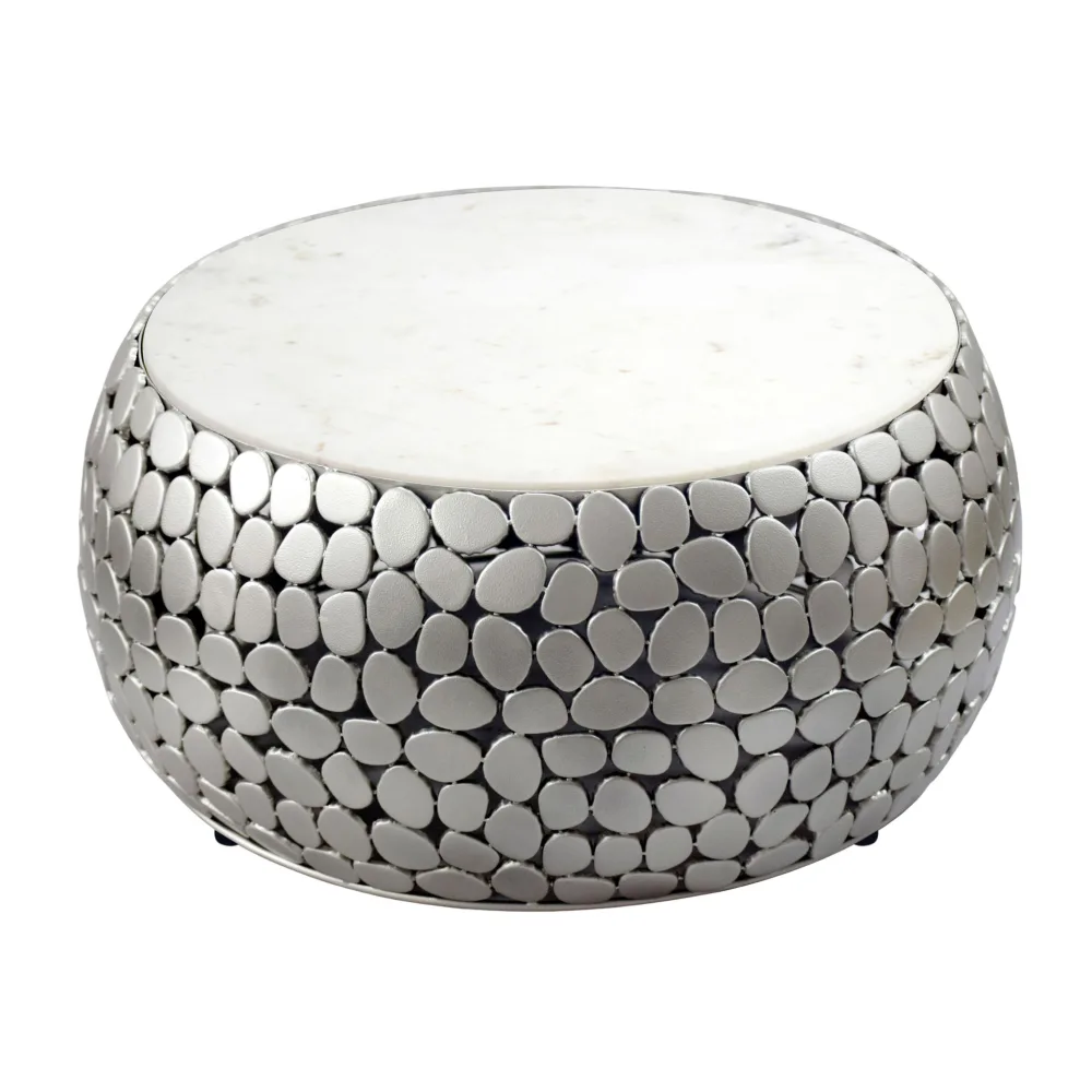 FineBuy Design Couchtisch rund 66 cm aus Aluminium und weißer Marmor Tischplatte - Wohnzimmertisch Alu - Metall Sofatisch - Beistelltisch Wohnzimmer - Handmade