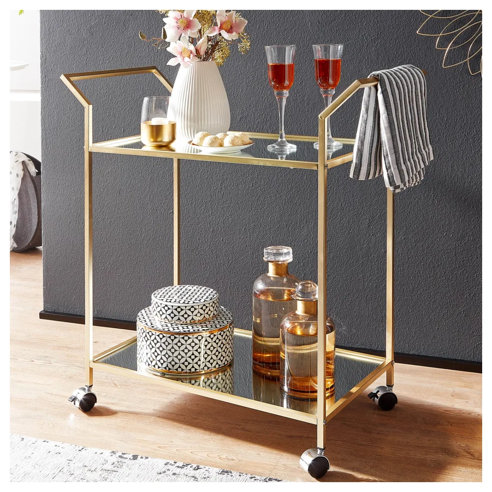 FineBuy goldener Design Servierwagen mit 2 Glasablagen, gebremste Rollen, Rollwagen, Barwagen, Teewagen, Weinwagen für Küche, Esszimmer, Bar Trolley