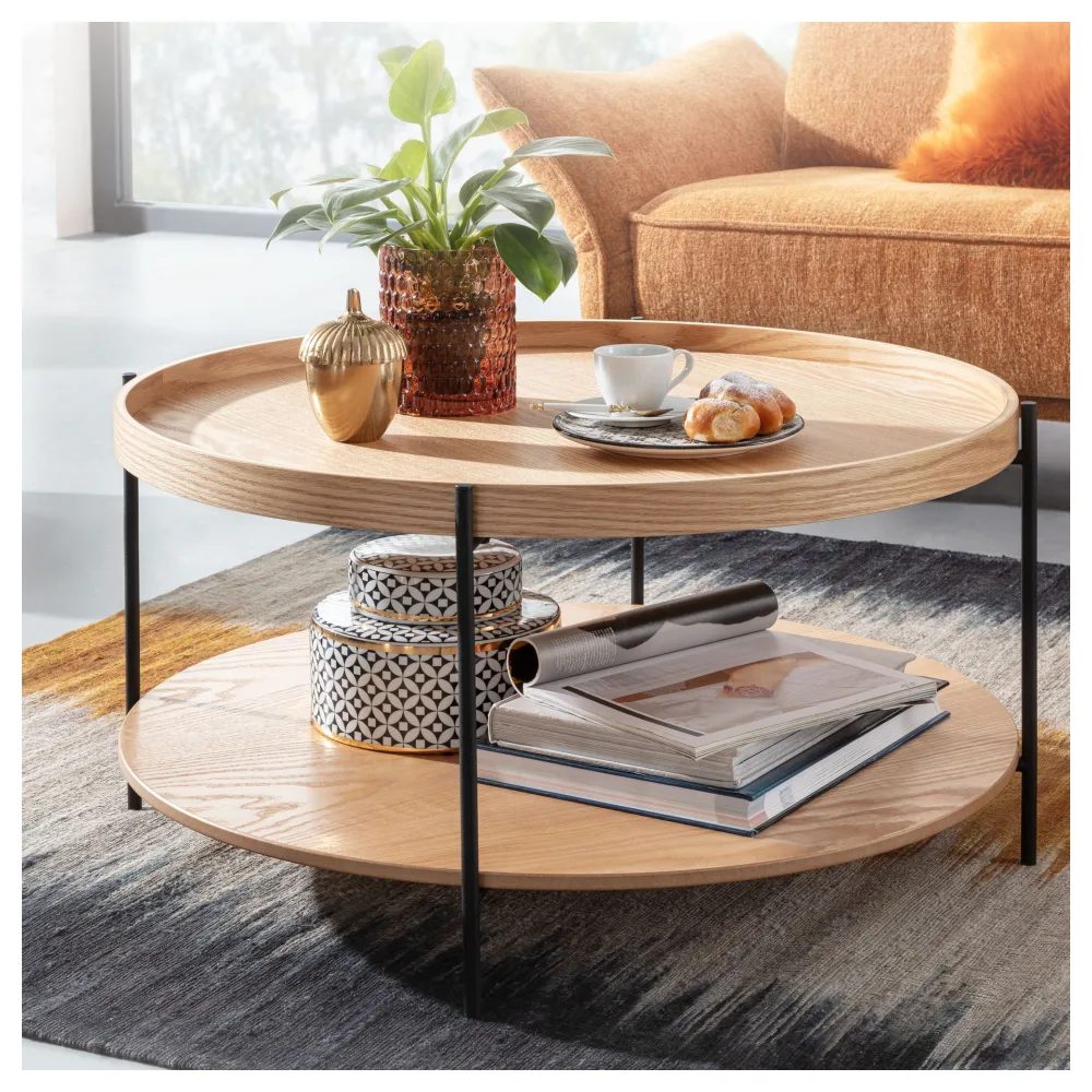 FineBuy Couchtisch Rund 80cm MDF Holz & Metall Skandinavisches Eiche Design – Moderner Wohnzimmertisch mit großer Ablage – Design Sofatisch für Wohnzimmer