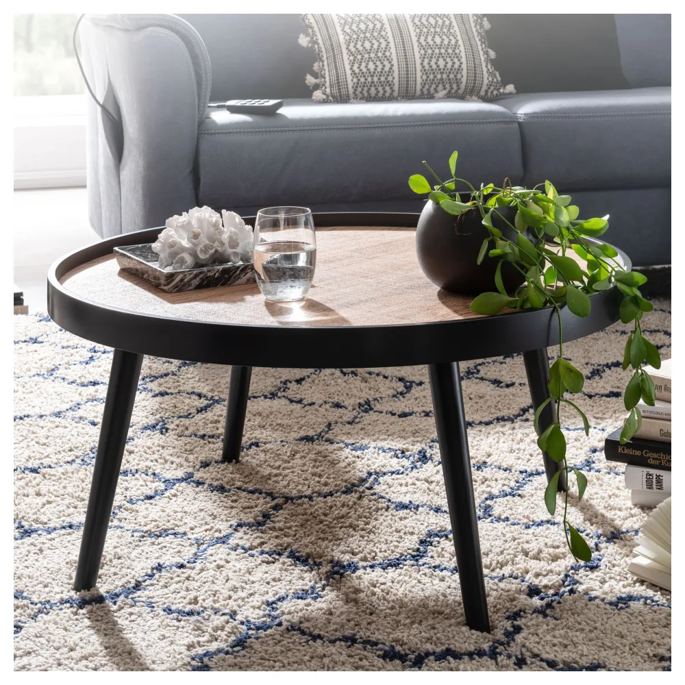 FineBuy Couchtisch Rund 76cm Skandinavisches Design Eiche – Moderner MDF Wohnzimmertisch mit 4 schwarzen Beinen, Sofatisch mit Ablagefläche für Wohnzimmer