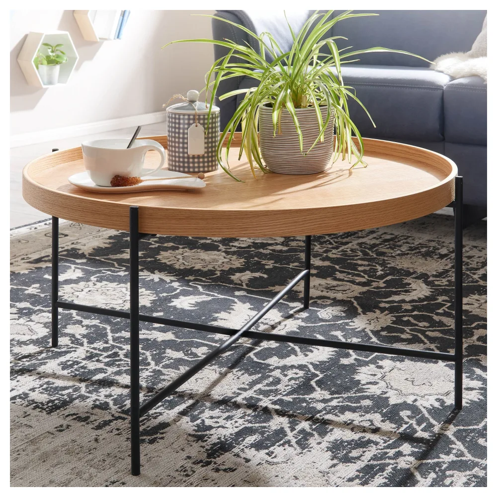FineBuy Couchtisch Rund 80cm Skandinavisches Design Eiche – Moderner Wohnzimmertisch mit schwarzem Kreuzgestell – runder Sofatisch für Wohnzimmer MDF Holz & Metall