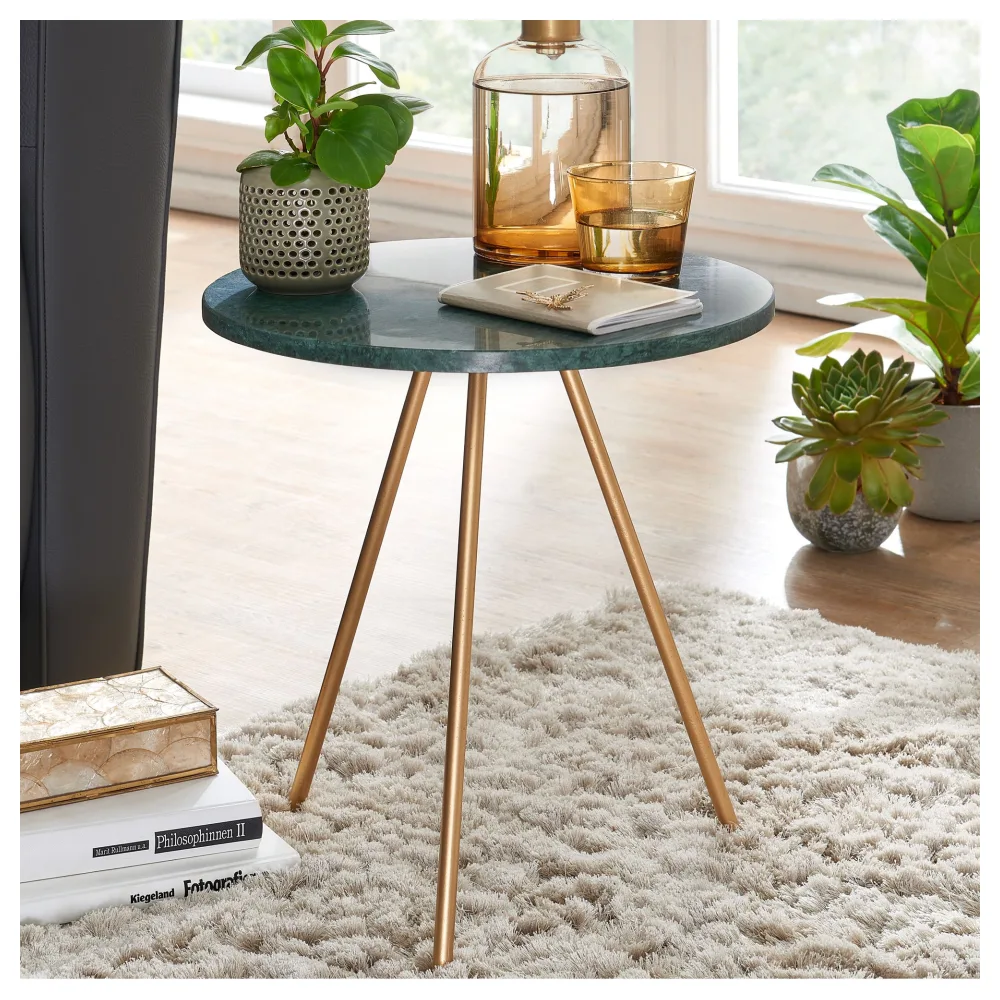 FineBuy Beistelltisch Echter Marmor Grün 38x38x44cm Anstelltisch Metall Gold, Kleiner Dreibein Sofatisch Rund, Wohnzimmertisch Couch Modern, Couchtisch Hoch