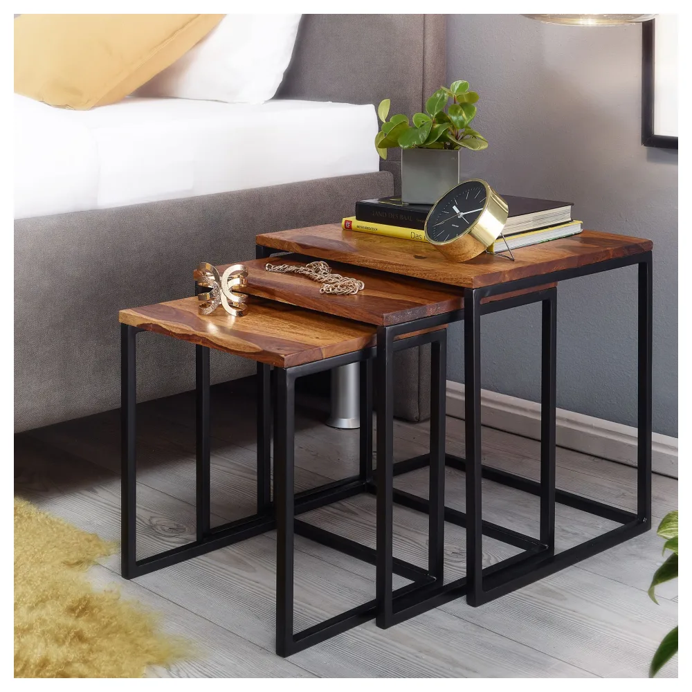 FineBuy Satztisch 3er Set Sheesham Massivholz / Metall Beistelltisch Eckig Modern, Design Couchtisch 3-teilig, Wohnzimmertisch Platzsparend, Holztisch Kaffeetisch Wohnzimmer