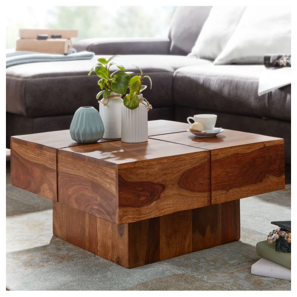 FineBuy Couchtisch 57,5x57,5x30 cm Sheesham Massivholz Sofatisch Quadratisch, Design Wohnzimmertisch Kaffeetisch Massiv, Kleiner Tisch Wohnzimmer Modern