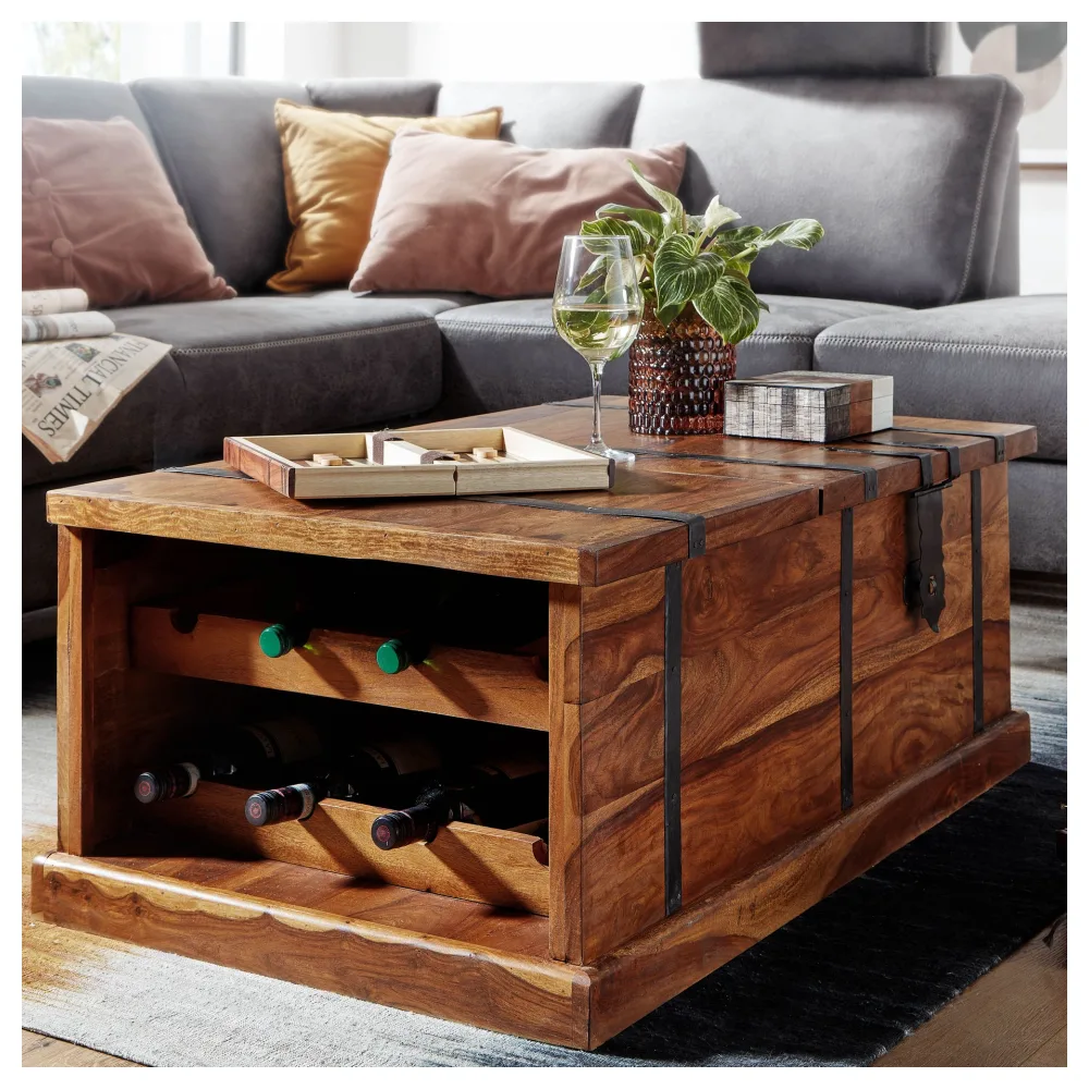 FineBuy Couchtisch Sheesham Massivholz Truhe mit Stauraum & Weinregal · Wohnzimmertisch aus Echtholz mit Metallbeschlägen · Handgefertigt · Truhentisch 100x60x40 cm