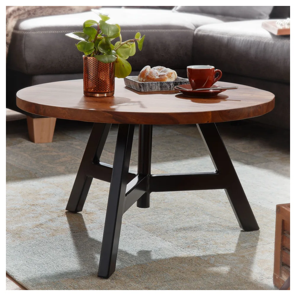 FineBuy Couchtisch Sheesham Massivholz rund Ø 60 cm | Wohnzimmertisch im Industrial Design mit stabilem Metallgestell | Handgefertigter Echtholz Tisch modern & edel