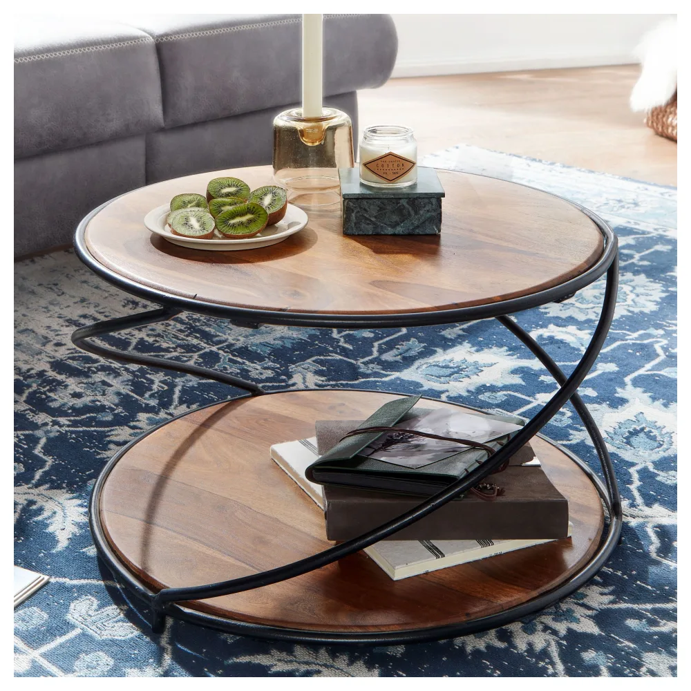 FineBuy Couchtisch Sheesham Massivholz rund Ø 58 cm – Wohnzimmertisch mit Ablage – Design Tisch aus Echtholz & Metall – Handgefertigter Massivholztisch modern industrial