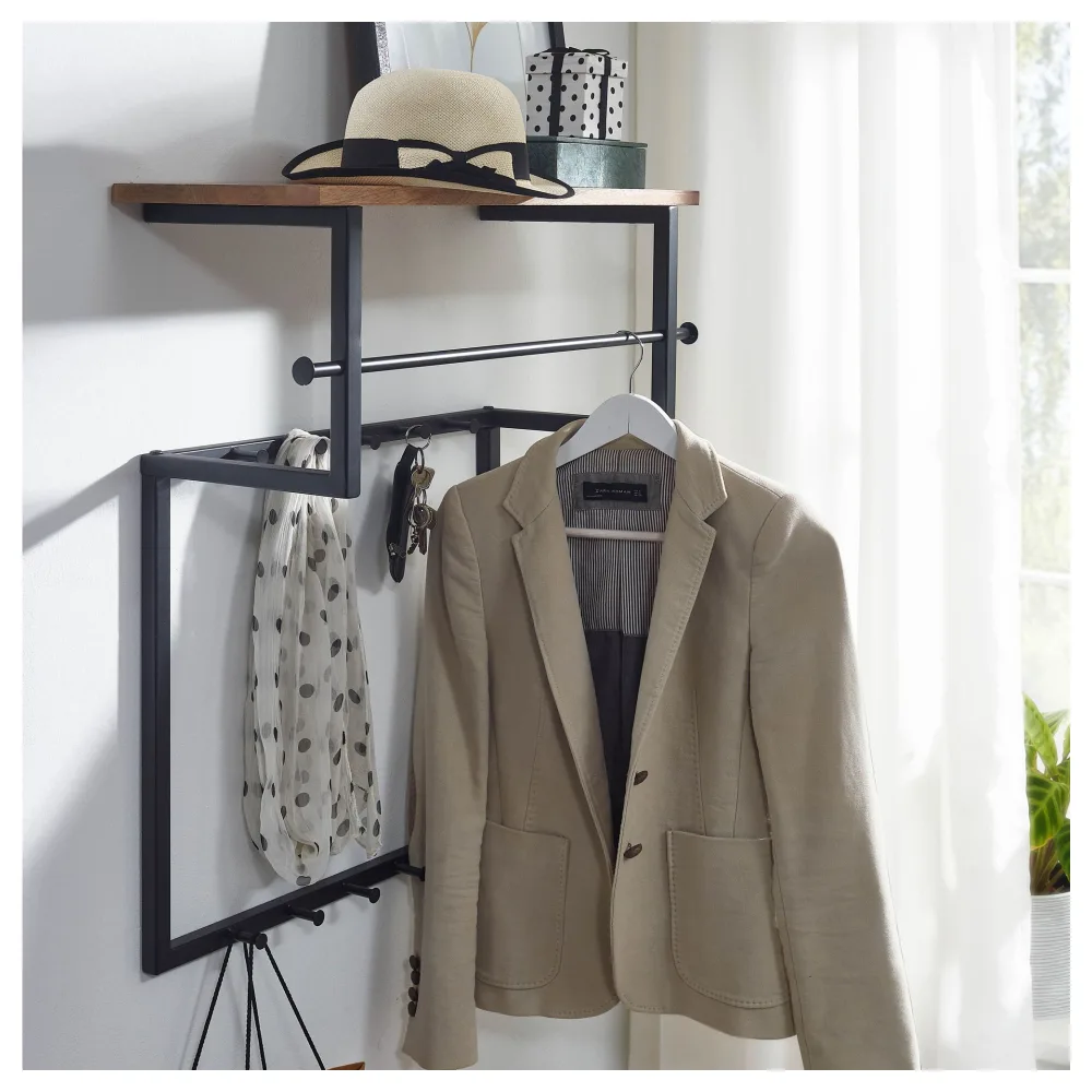 FineBuy Design Wandgarderobe Mango Massivholz Metall 60x76x26 cm, Hakenleiste mit Ablage und Kleiderstange, Flurgarderobe Garderobe Wand Holz