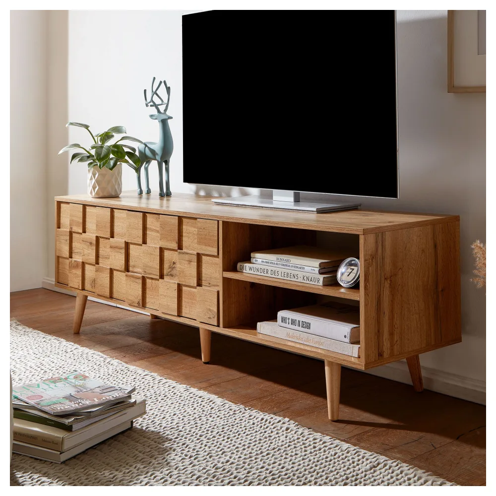 FineBuy Lowboard Holz Eiche-Dekor 160x51x40 cm TV-Kommode mit zwei Türen, Design TV-Schrank Hoch, Fernsehtisch Fernsehschrank Modern, Fernsehkommode Wohnzimmer