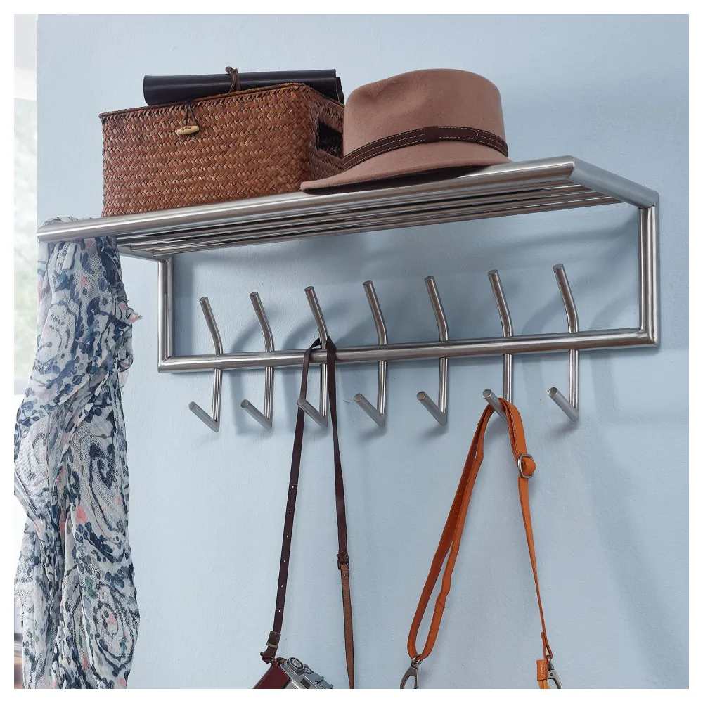 FineBuy Wandgarderobe Metall Silber 75 cm mit Ablage - Design Garderobenpaneel mit Hutablage - Wand Garderobenleiste mit Hakenleiste - 7 Kleiderhaken