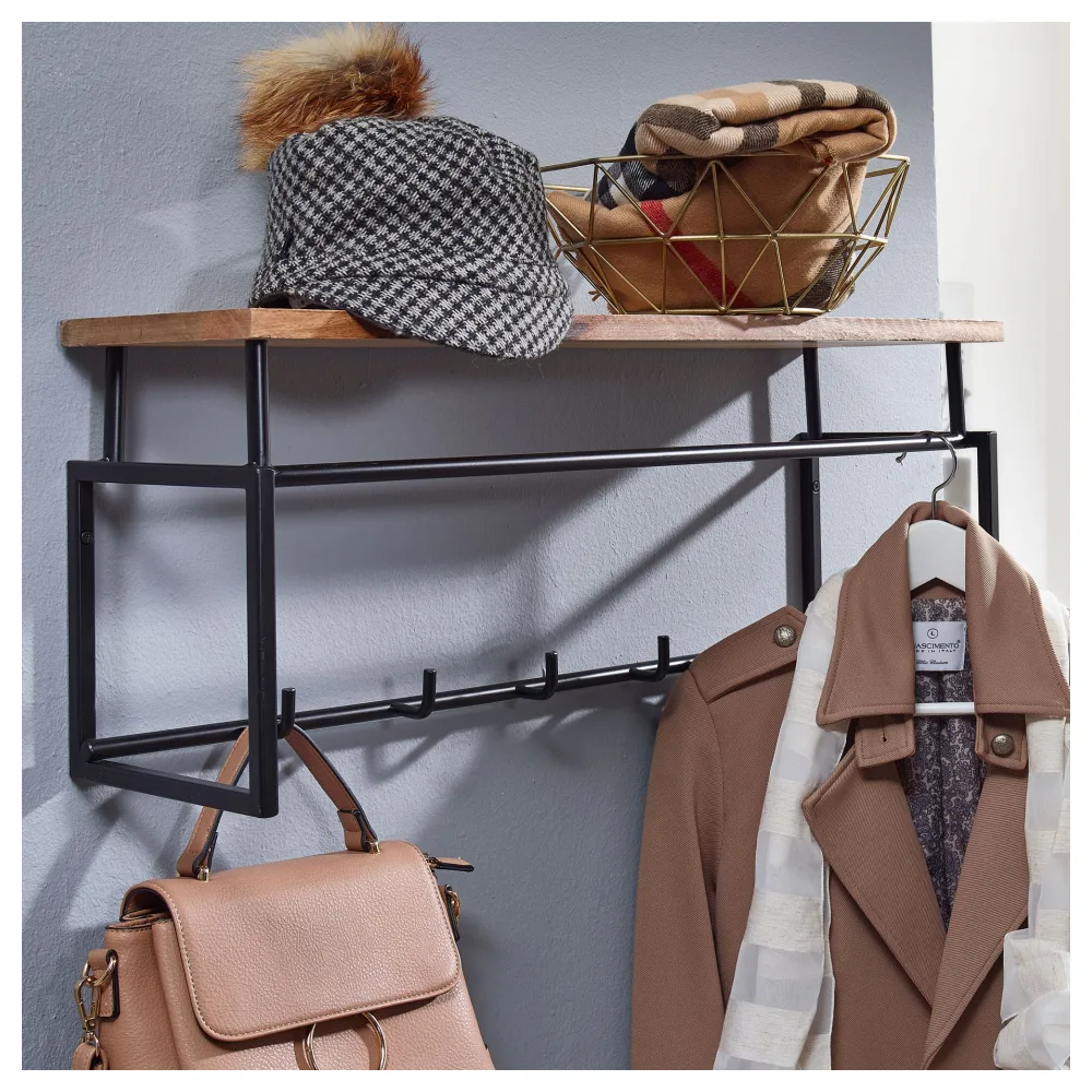 FineBuy Wandgarderobe Mango Massivholz 70 cm mit Ablage - Industrial Garderobenpaneel mit Hutablage - Wand Garderobenleiste Hakenleiste - 5 Metall Kleiderhaken & Kleiderstange