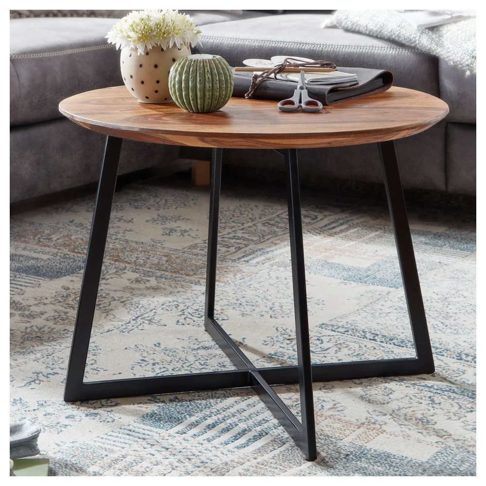FineBuy Couchtisch Sheesham Massivholz rund Ø 60 cm x 45 cm | Wohnzimmertisch Holz Natur mit Metallgestell | Design Tisch Handarbeit | Moderner Sofatisch aus Echtholz