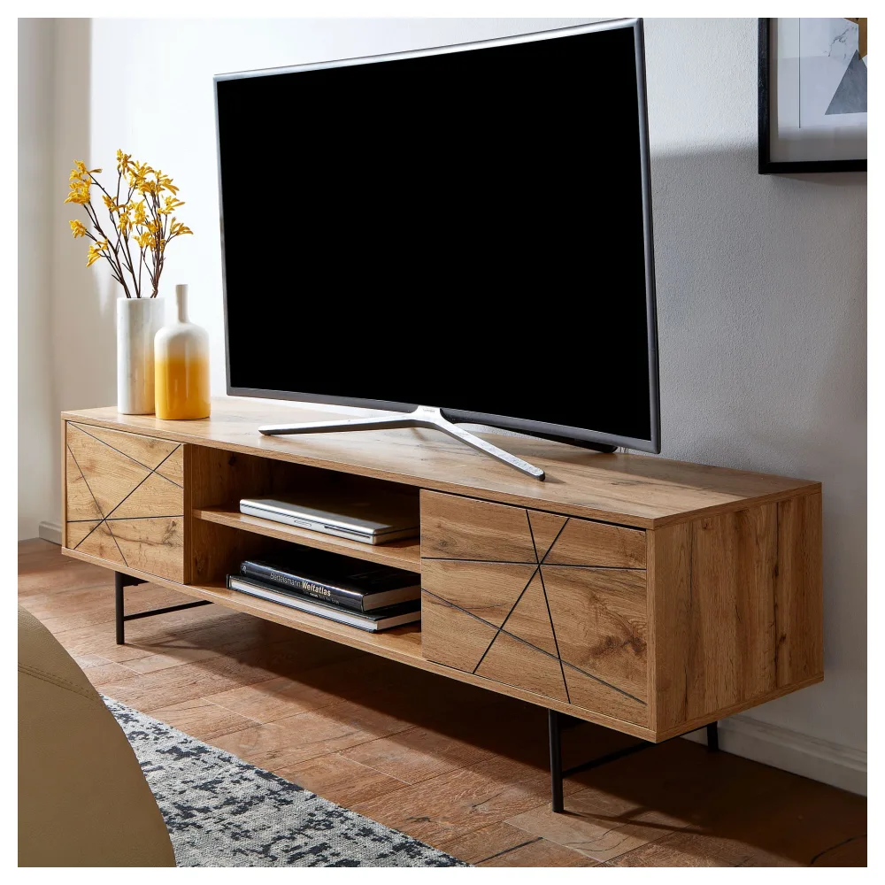 FineBuy Lowboard Holz Eiche-Dekor 160x45x40 cm TV-Kommode mit zwei Türen, Design TV-Schrank Hoch, Fernsehtisch Fernsehschrank Modern, Fernsehkommode Wohnzimmer