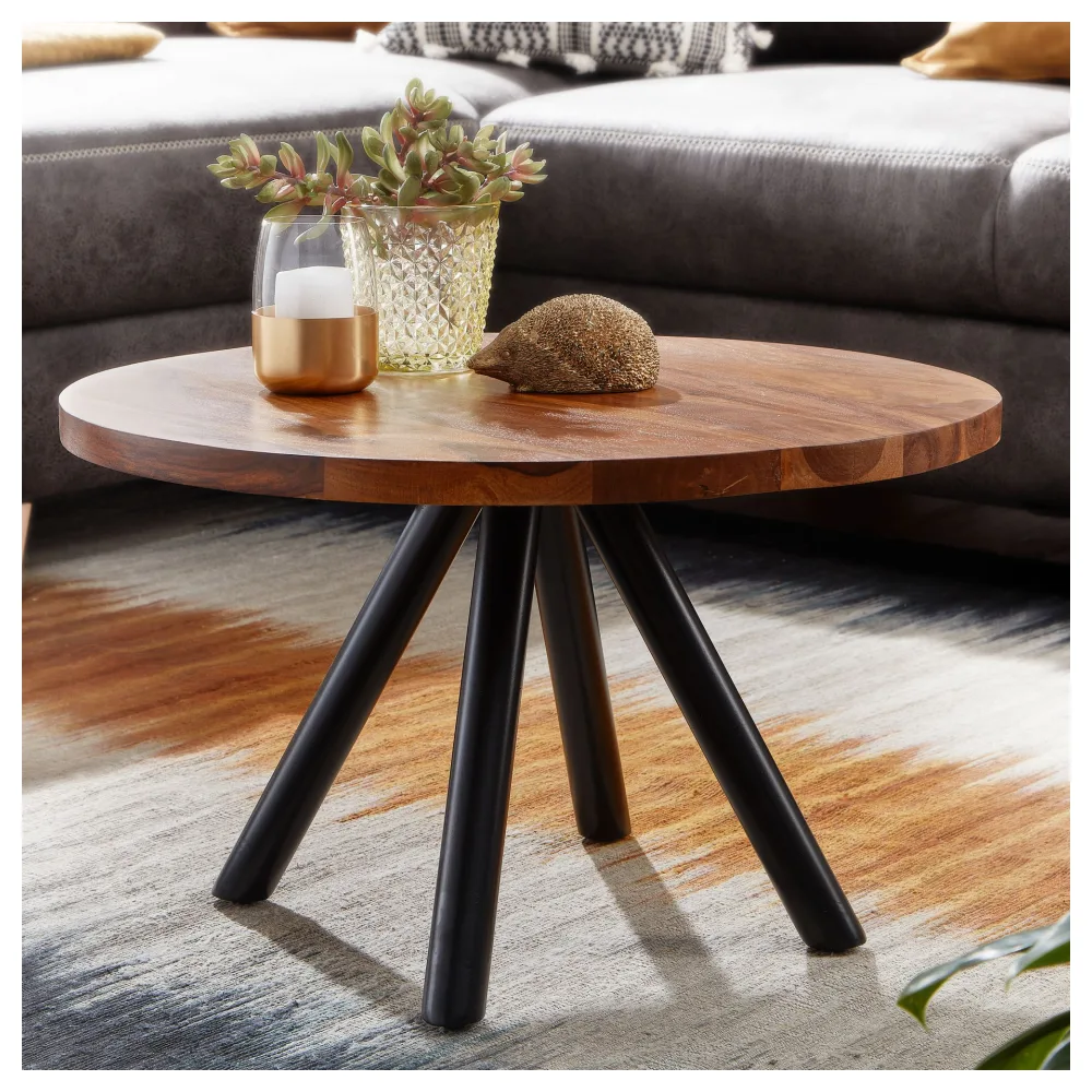 FineBuy Couchtisch Sheesham Massivholz rund Ø60 cm · Wohnzimmertisch mit stabilen Metallbeinen · Massivholztisch im modernen Industrial Design mit einzigartiger Holzmaserung