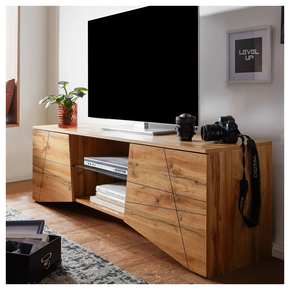 FineBuy Lowboard Holz Eiche-Dekor 160x50x40 cm TV-Kommode mit zwei Türen, Design TV-Schrank Hoch, Fernsehtisch Fernsehschrank Modern, Fernsehkommode Wohnzimmer