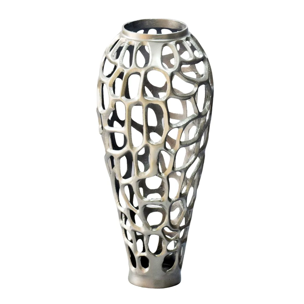 FineBuy Bodenvase Aluminium Silber - Design Blumenvase Groß - Metallvase Modern - Dekovase rund für Trockenblumen - Standvase Hoch - Wohnzimmer Deko - Wohndeko Handmade