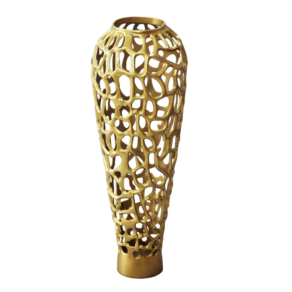 FineBuy Bodenvase Aluminium Gold - Design Blumenvase Groß - Metallvase Modern - Dekovase rund für Trockenblumen - Standvase Hoch - Wohnzimmer Deko - Wohndeko Handmade