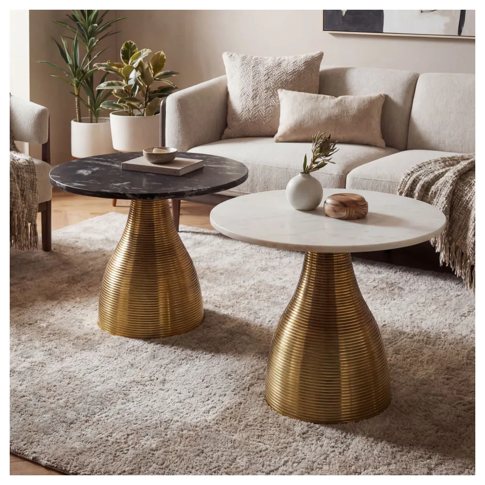 FineBuy Couchtisch Metall mit Marmor Tischplatte 60cm Rund - Moderner Wohnzimmertisch Aluminium Gold - Design Sofatisch Alu - Loungetisch Rillenoptik - Edler Beistelltisch Handmade
