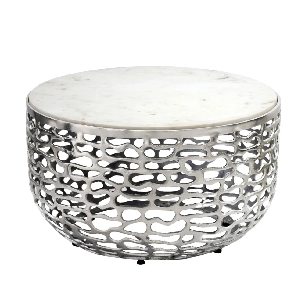 FineBuy Design Metall Couchtisch mit weißer Marmor Tischplatte 60 cm rund - Aluminium Wohnzimmertisch Modern - Loungetisch Alu Beistelltisch Wohnzimmer Handmade