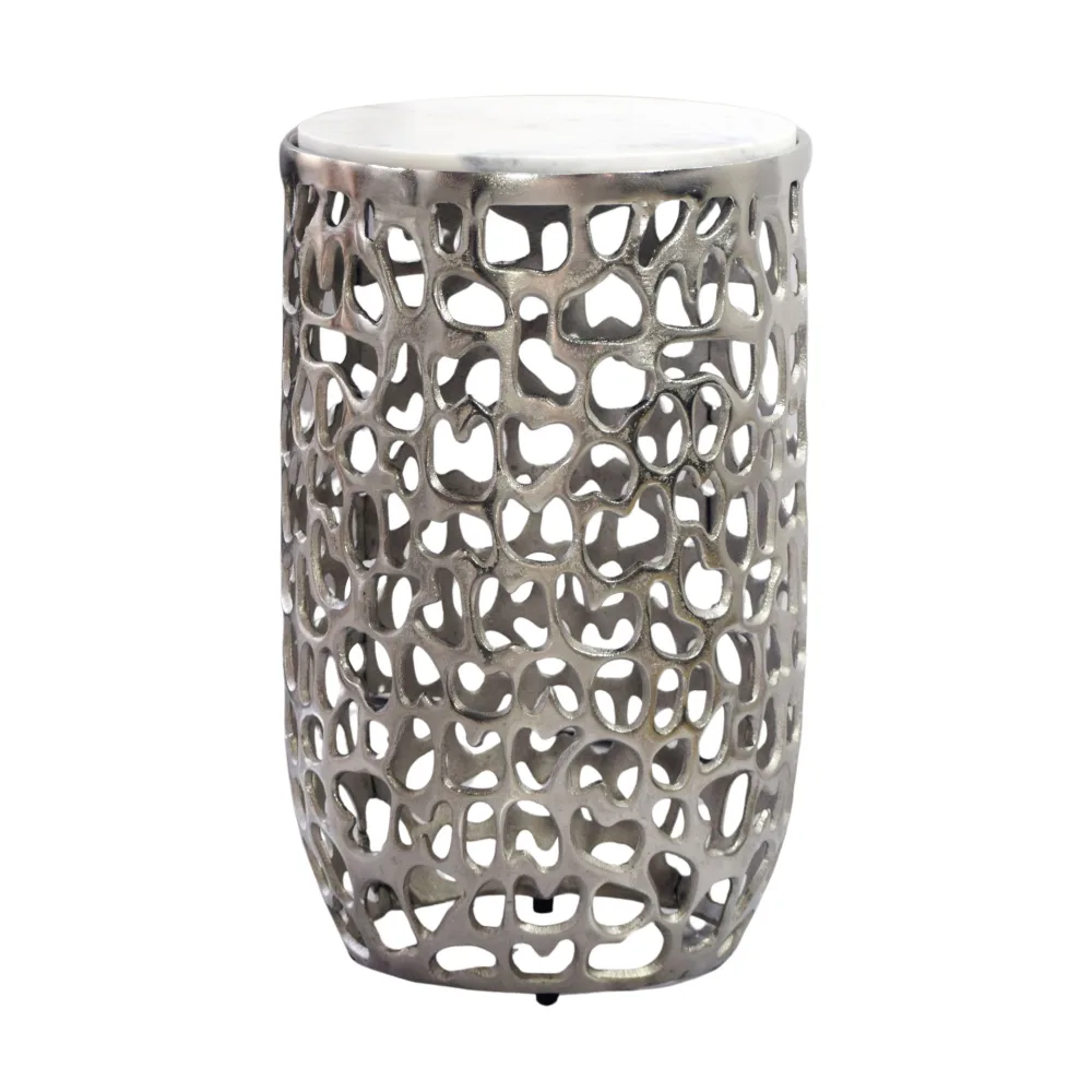 FineBuy Beistelltisch Aluminium rund 30cm – Anstelltisch mit Marmor Tischplatte – Design Metall Couchtisch für Wohnzimmer – runder Wohnzimmertisch modern – Dekotisch Handmade Sofatisch