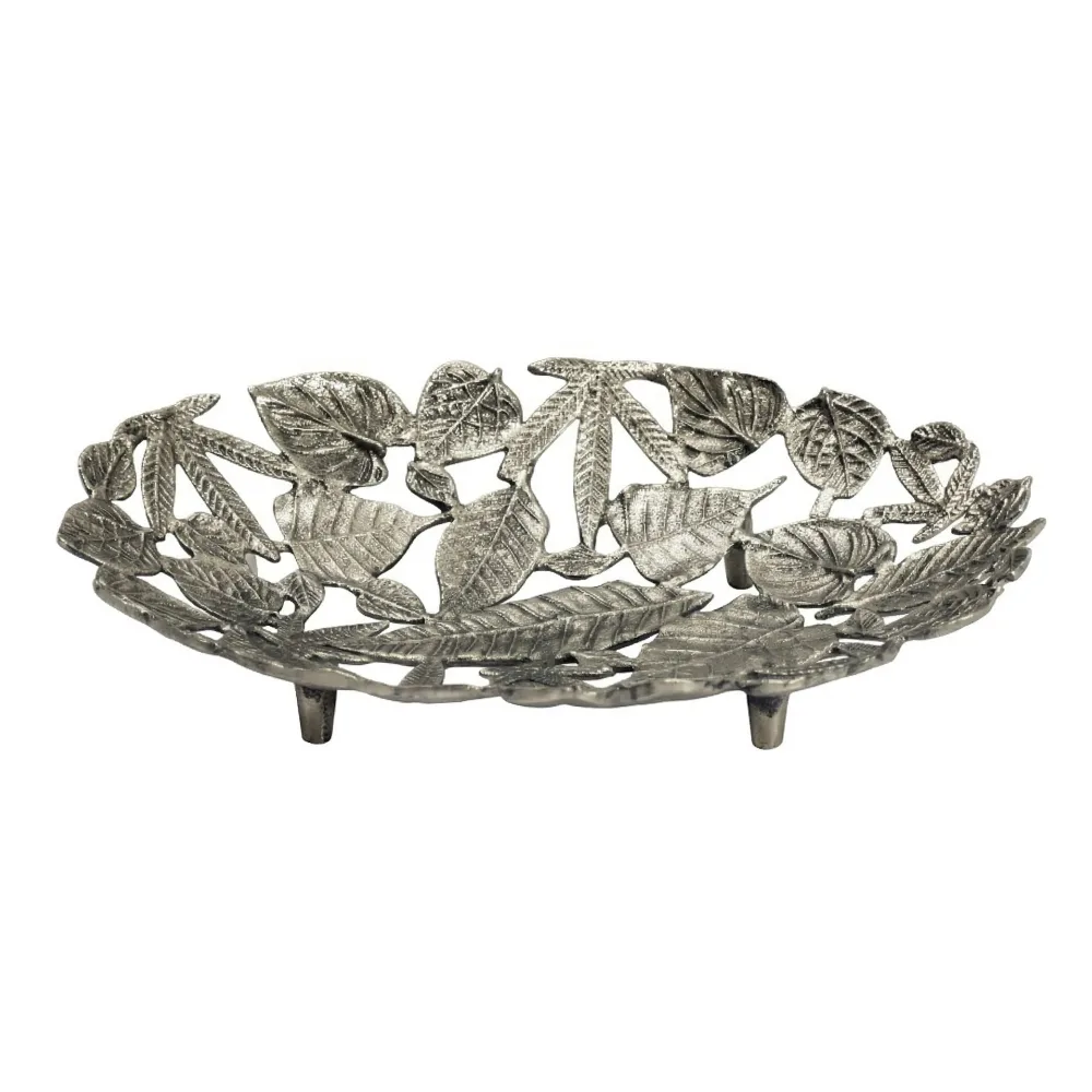 FineBuy Dekoschale Oval Schale Metall 49cm Tischdeko - Moderne Metallschale mit Fuß aus Aluminium in Blätter Optik - Elegante Aluschale - Alu Dekoteller Obstschale Handmade