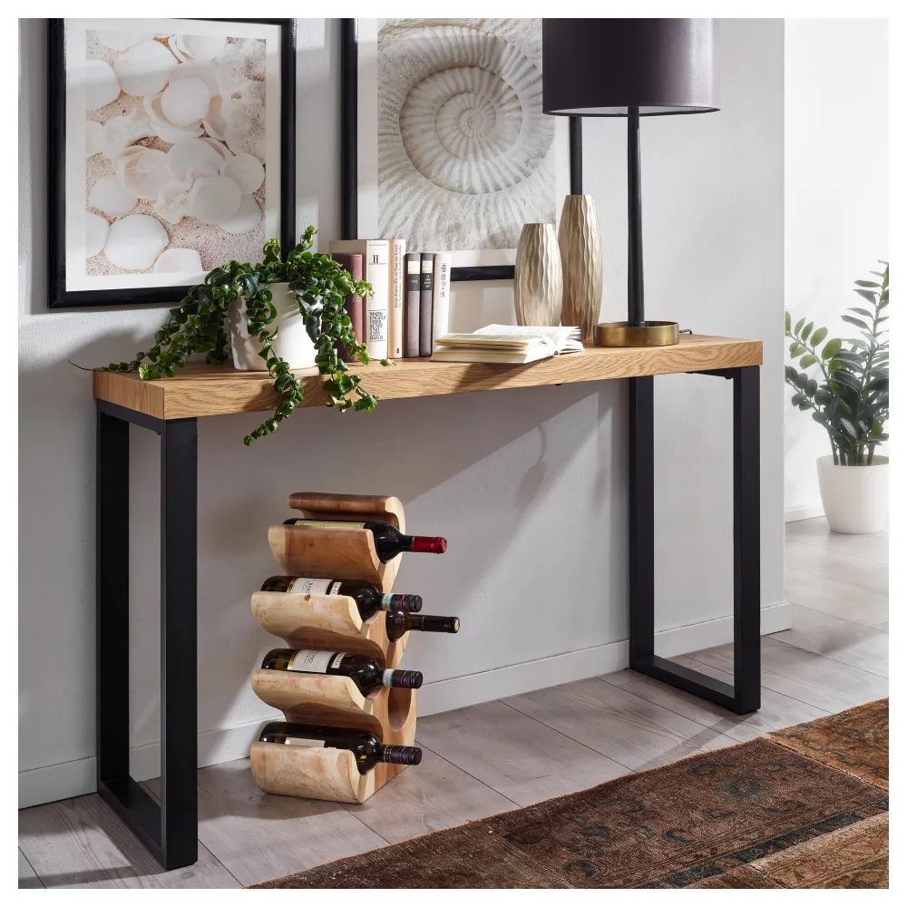 FineBuy Konsolentisch Eiche-Dekor / Schwarz 120x39x75,5 cm Design Anrichte Flur, Ablagetisch Schmal, Flurtisch mit Metallbeine, Dielentisch Lang Hoch