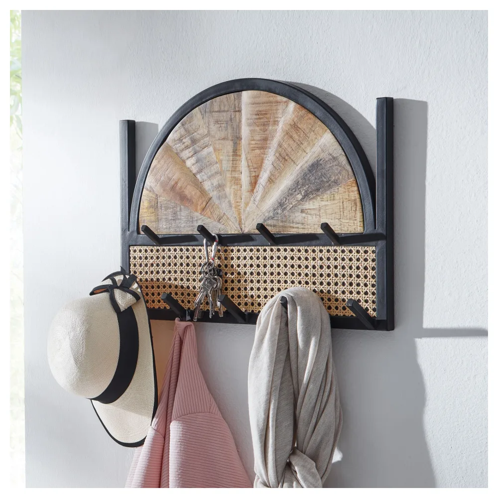 FineBuy Wandgarderobe Mango Massivholz 53 cm - Garderobenpaneel massiv Holz - Wand Garderobenleiste Hakenleiste 9 Kleiderhaken Rattan Wiener Geflecht