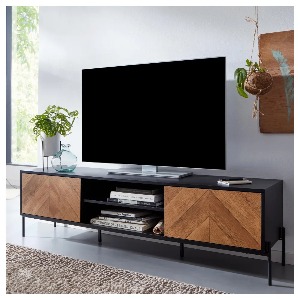 FineBuy Lowboard Holz Schwarz / Eiche-Dekor 163x45x40 cm TV-Kommode mit zwei Türen, Design TV-Schrank Hoch, Fernsehtisch Fernsehschrank Modern, Fernsehkommode Wohnzimmer