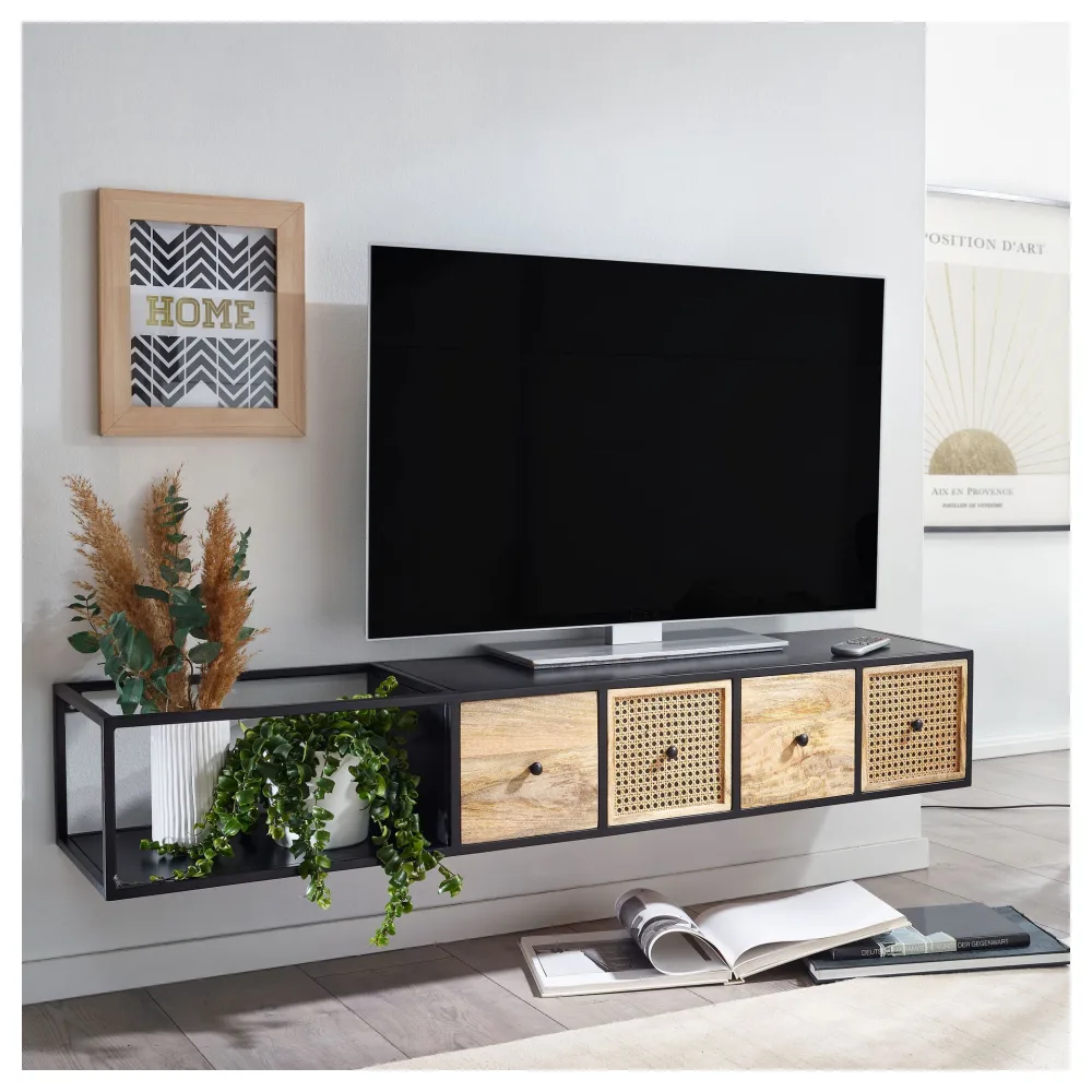 FineBuy Lowboard Hängend Mango Massivholz / Metall 150x25x35 cm TV-Schrank Schwarz, Design Fernsehtisch Wiener Geflecht Modern, Fernsehschrank Wand, TV-Kommode Fernsehkommode zum Aufhängen