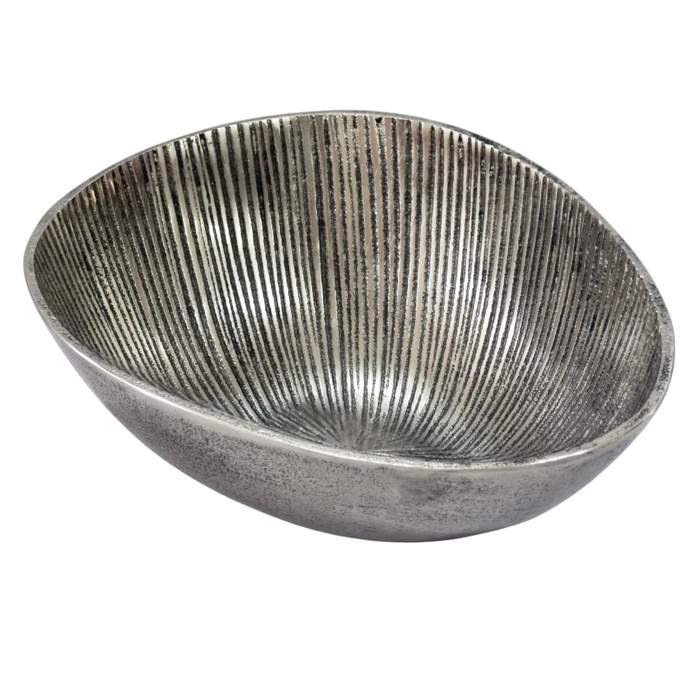 FineBuy Obstschale Schale Metall 30cm Tischdeko Oval - Moderner Obstkorb Rillen-Design aus Aluminium - Elegante Metallschale - Alu Früchteschale Handmade