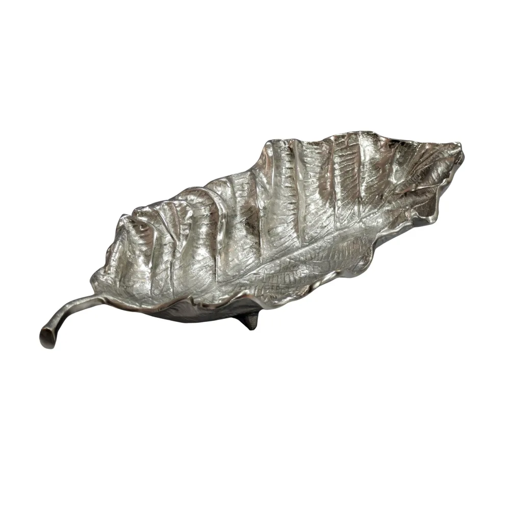 FineBuy Dekoschale Blatt Aluminium Schale 67cm - Design Tischdeko Metall Wohnzimmer - Alu Wohnaccessoire Modern - Metallschale Dekoration - Aluschale lang Handmade