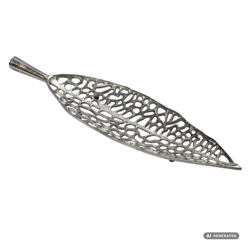 FineBuy Dekoschale Blatt Aluminium Schale 63cm - Design Tischdeko Leaf Metall Wohnzimmer mit Beinen - Alu Wohnaccessoire Modern - Metallschale Dekoration - Aluschale lang Handmade