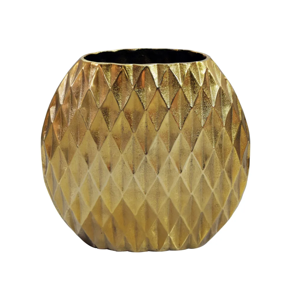 FineBuy Tischvase Aluminium 33,5cm - Dekovase rund mit Rautenmuster - Metall Vase modern - Wohnzimmer Deko Alu - Design Vase flach Tisch Dekoration Handmade