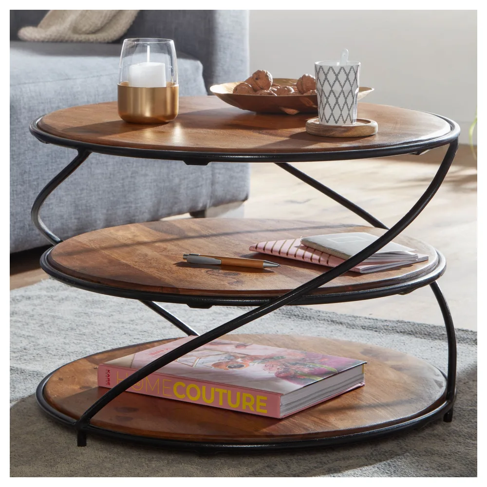 FineBuy Couchtisch Sheesham Massivholz rund Ø58 cm mit 3 Ablagen | Handgefertigter Wohnzimmertisch aus Holz & Metall | Design Beistelltisch im Industrial Stil