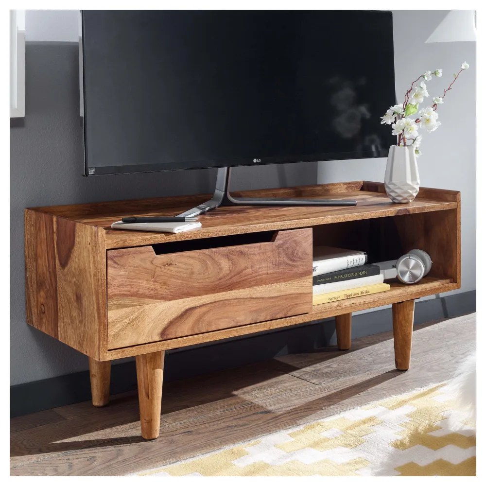 FineBuy Lowboard Sheesham Massivholz 95x44x34 cm TV-Kommode mit Schiebetür, Design TV-Schrank Hoch, Fernsehtisch Fernsehschrank Modern, Fernsehkommode Wohnzimmer
